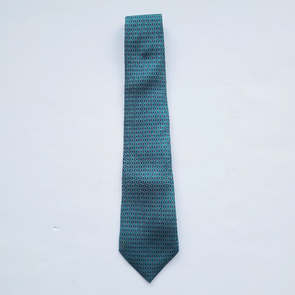 Christian Dior Teal Blue Motif Patterned All Silk Tie - Picture 2 of 3